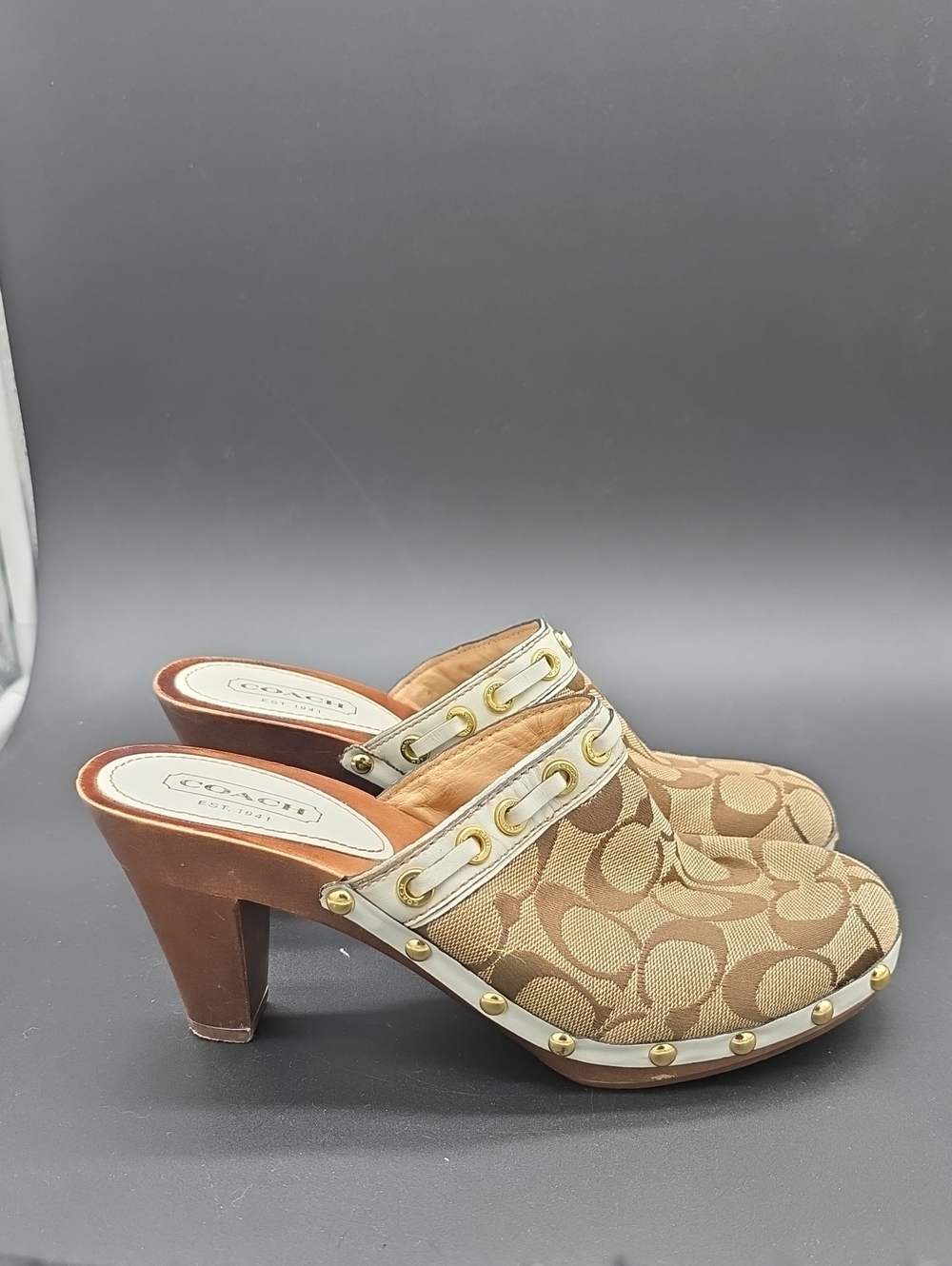 Coach Brown Signature Canvas Clog Heels with Gold Accents 7.5